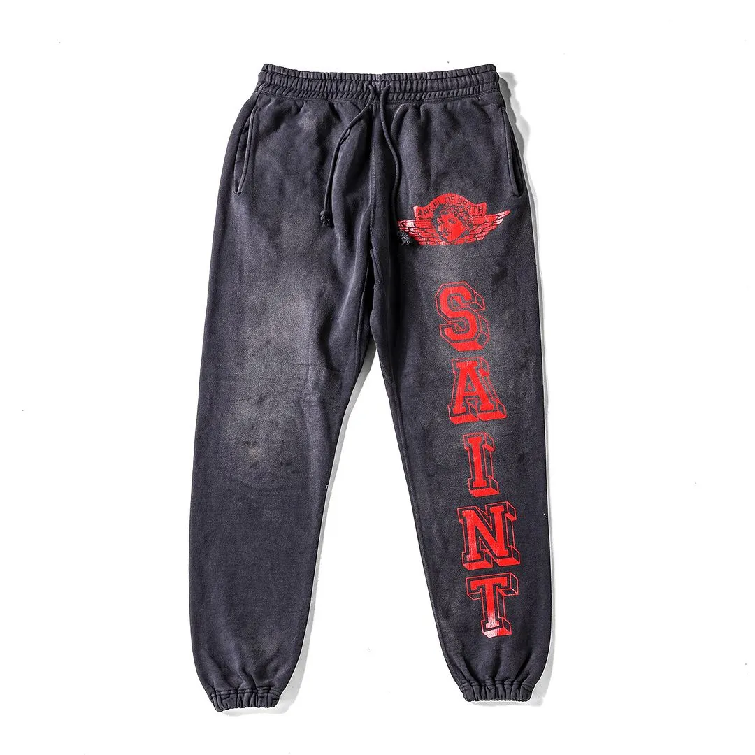 SAINT Mxxxxxx ANGEL SWEAT PANTS/BLK Angel Reborn Crack Print Distressed Sweatpants, Washed Black S-XL Assute Dyeing, Full Spray Fade, Heavy Fermentation Washing, Made with NEW VINTAGE Texture, Four Needles and Six Threads from the Factory, Boneless Patchwork, More Comfortable to Wear, Genuine Level Crack Print/Accessories Restored